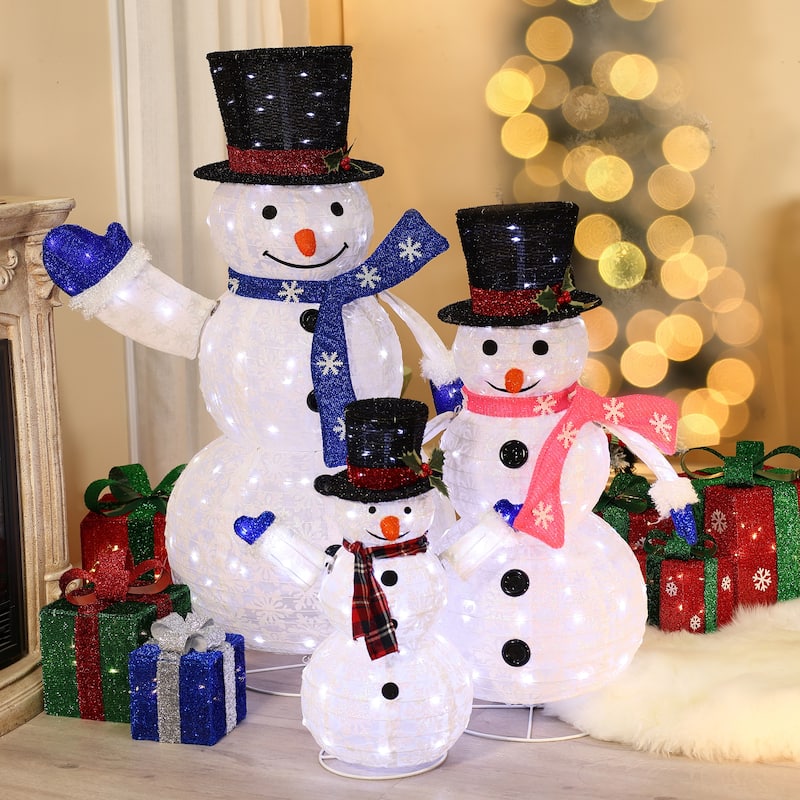 Set of 3 Snowman Family Lighted LED Winter Holiday Yard Decoration - White