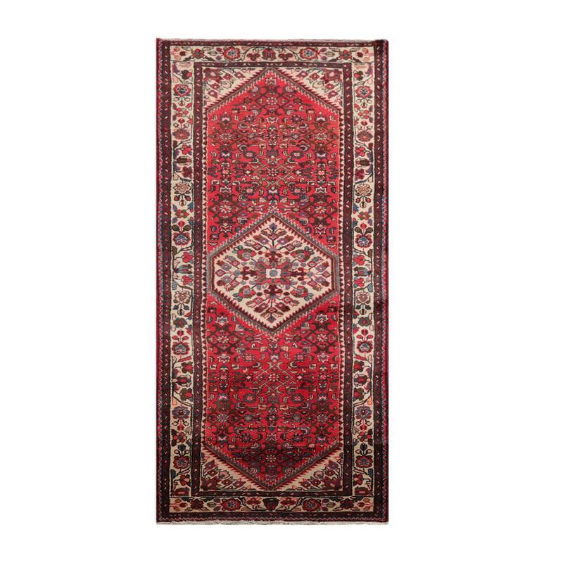 Hand Knotted Heriz Red Floral Wool Traditional Oriental Area Rug - 3' 6'' x 7' 4''