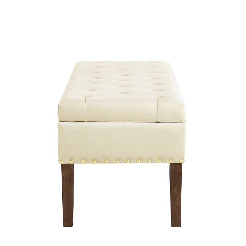 Storage Bench Leisure Bench Window Bench with Wood Legs, Cream Dining Bench Lounge Bench with Nailhead Trim