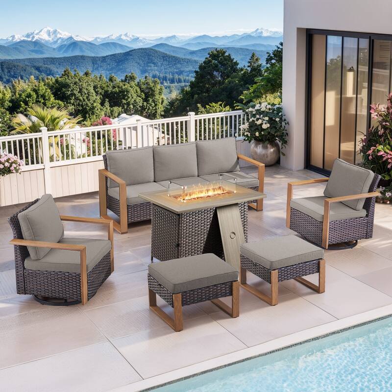 Pocassy 6 Pieces Outdoor Sofa Swivel Chair Ottoman with Fire Pit Table Set - Gray cushion - Brown Wicker