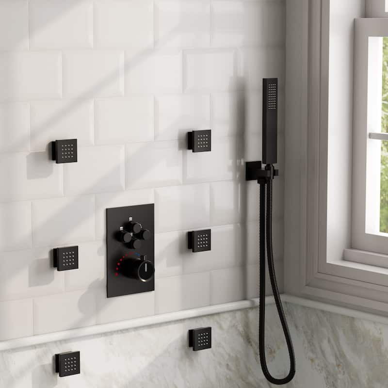 GRANDJOY Thermostatic Shower System Rainfall Dual Shower Heads 12 inch Ceiling and Wall Mount Body Jets Handheld Spray Combo