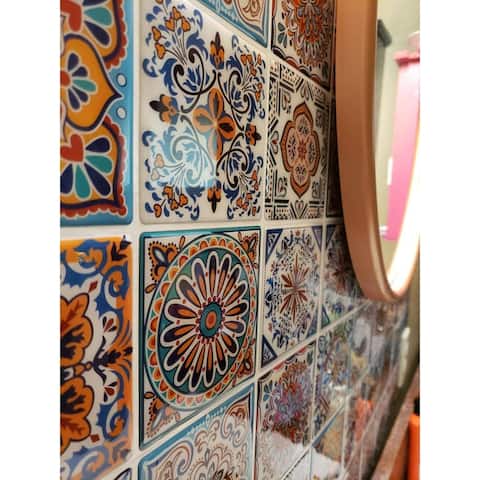 Peel and Stick Backsplash Tile Stickers, Colorful Talavera Mexican Tile, Stick on Wall Tiles (10 Sheets)
