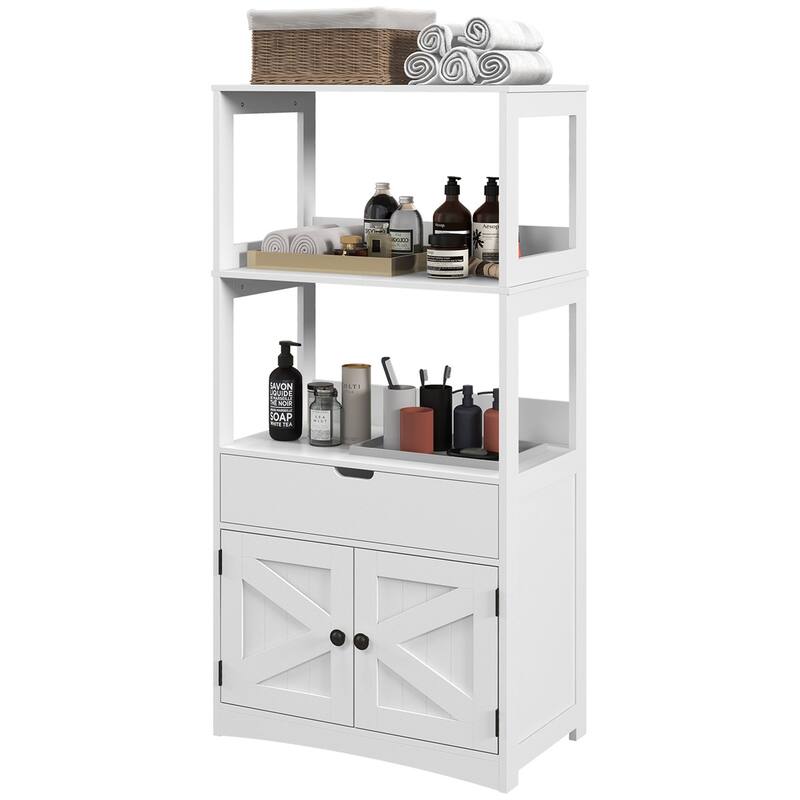 White MDF Farmhouse Bathroom Cabinet with Shelves, Drawer and Cupboard - 23.5" W x 13" D x 48.5" H - White
