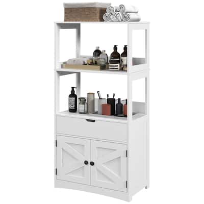 White MDF Farmhouse Bathroom Cabinet with Shelves, Drawer and Cupboard - 23.5" W x 13" D x 48.5" H