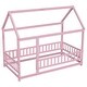 preview thumbnail 9 of 7, Pink Twin Size Wooden Floor Bed with House Roof & Guardrails