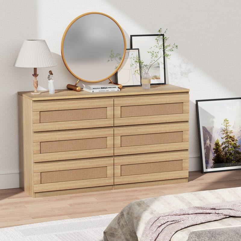 Rattan Modern 6 Drawer Double Dresser with Anti-Tip Kit