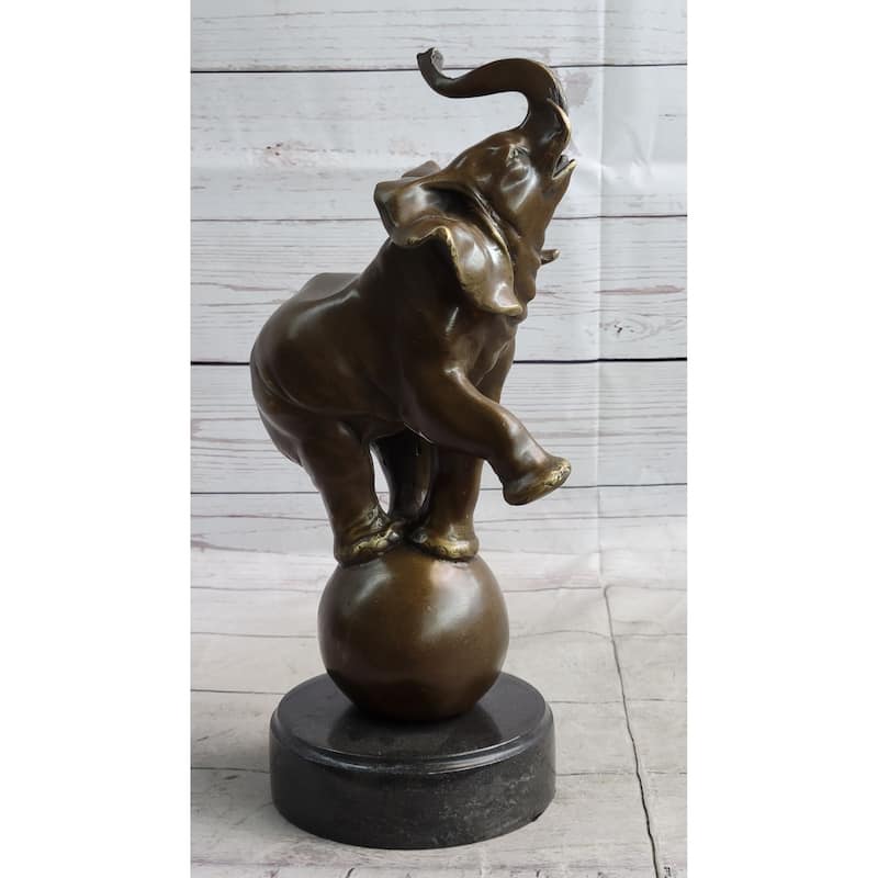 Circus Elephant Balancing On A Ball Bronze Sculpture Statue Art On Marble Base
