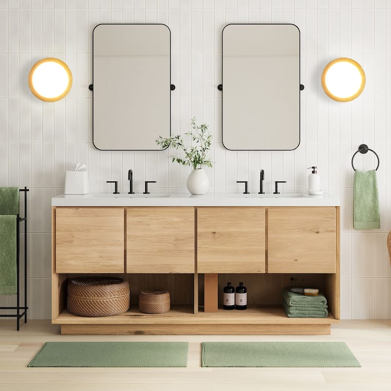 1-Light 7.87 in. Modern Farmhouse Small LED Round Wall Sconce in Natural Rubberwood Finish - 7.87 in. W x 3.35 in. H