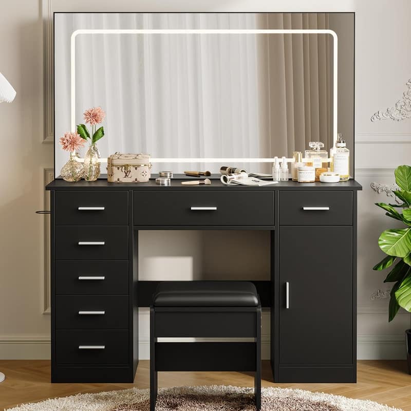 Makeup Vanity Table with Mirror, 7 Drawers, Charging Station, Holder, Stool