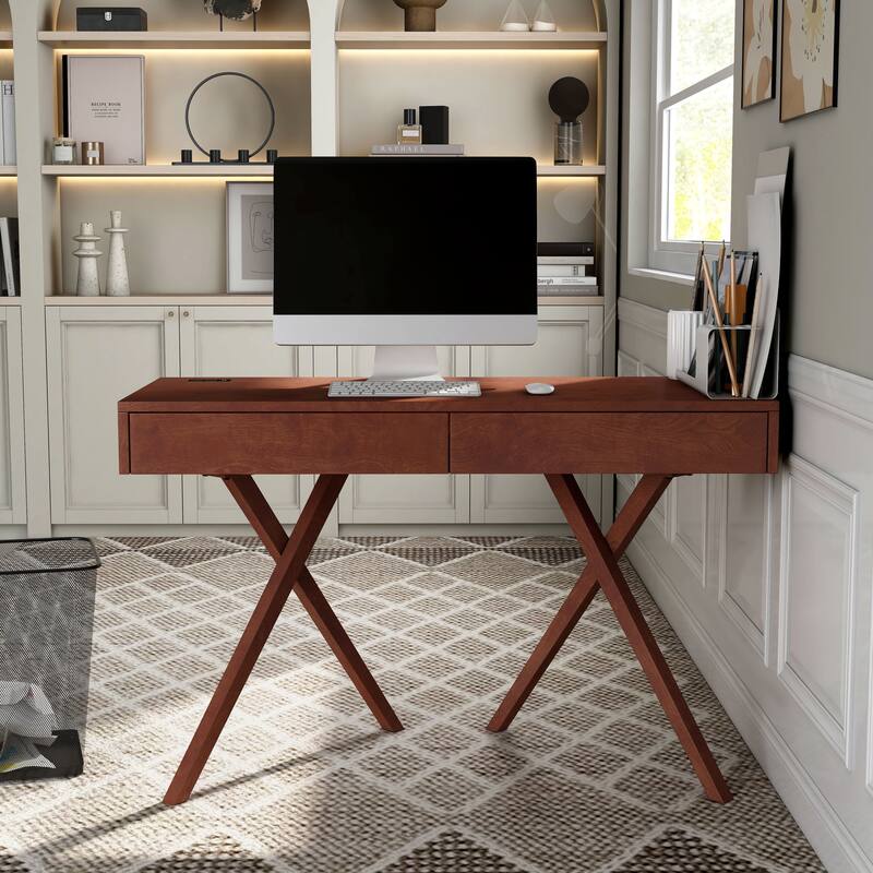 Foli Transitional 47-inch Wood 2-Drawer Desk with USBs and Power Outlets by Furniture of America - Dark Cherry