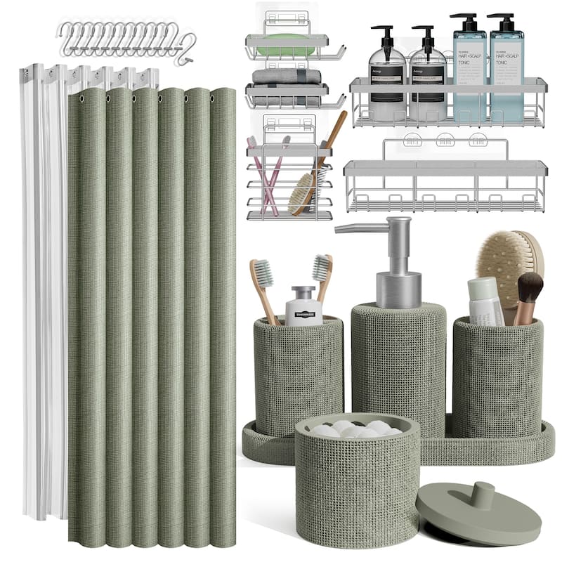 Clara Clark Complete Bathroom Accessories Set Shower Curtain, Bath Rugs & Shower Caddies