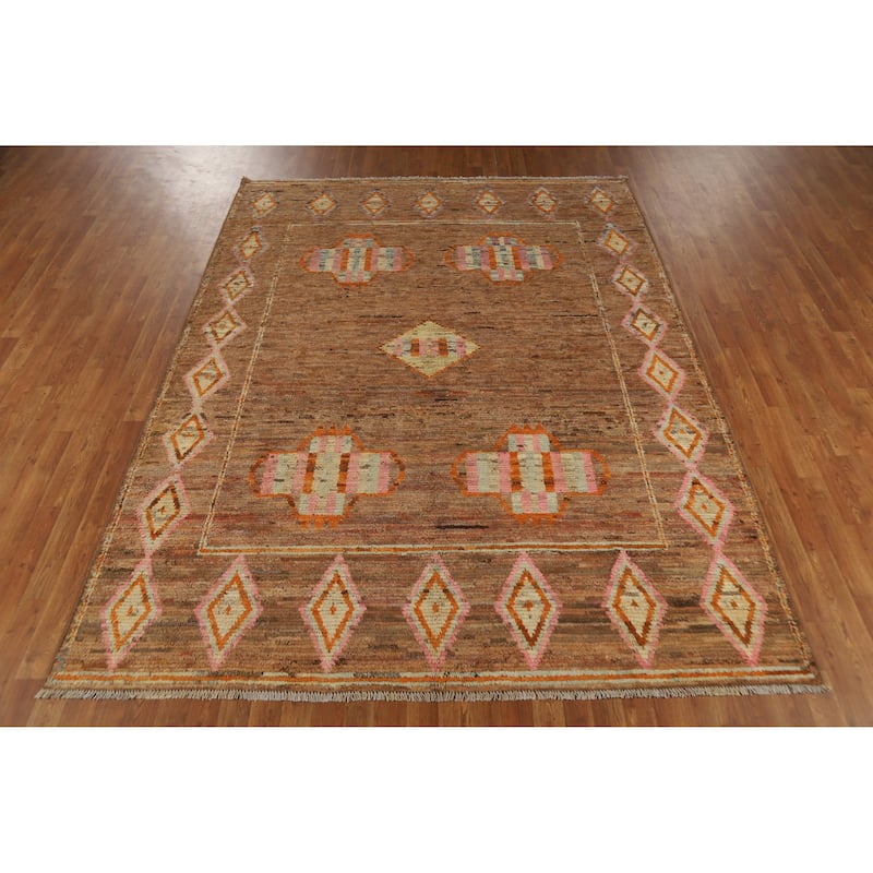 Moroccan Oriental Area Rug Hand-Knotted Brown Modern Wool Carpet - 7'0" x 9'6"