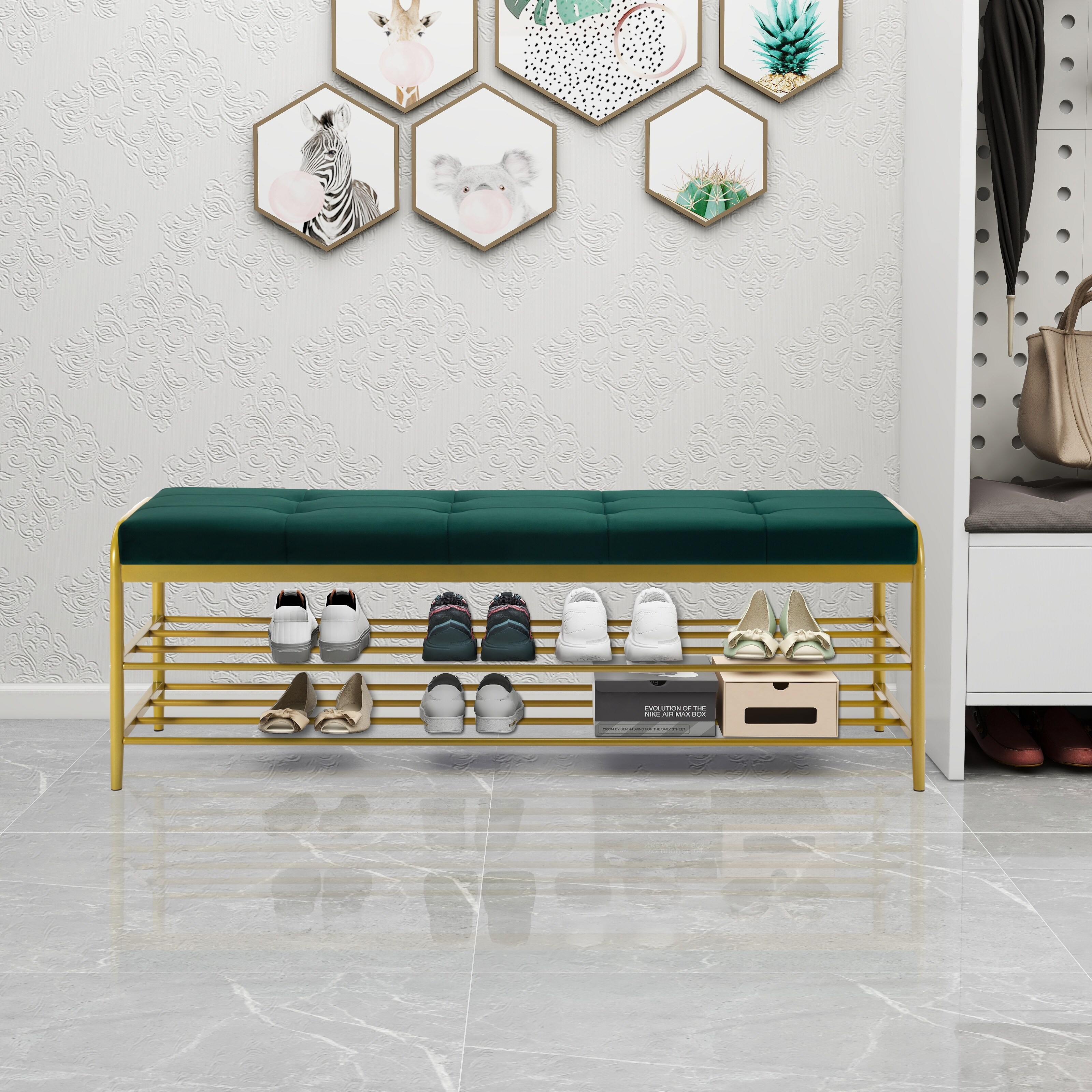 Blue shoe shop storage bench