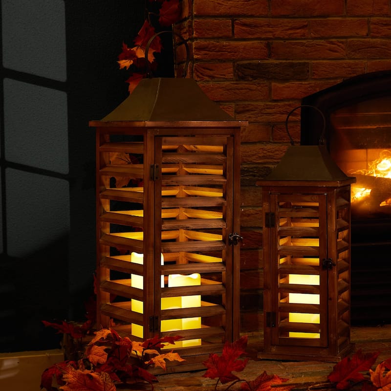 Glitzhome Set of 2 Modern Wooden Shutter Floor Candle Lanterns Fall Wedding Decor