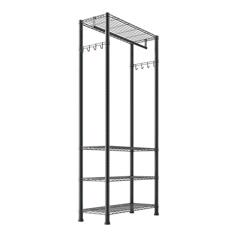Black Carbon Steel Clothes Rack with 4 Adjustable Shelves 8 Hooks and Hanging Rod for Closet - 30 x 14.02 x 76.38 in