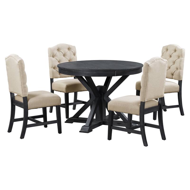 X-Cross Leg Round Dining Table Set Wooden Extendable End Table with 4 Upholstered Chairs for Dining Room & Living Room Bistro