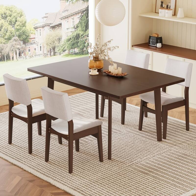 5/7-Piece Modern Dining Set, Rectangular Wood Table and Upholstered Chairs - Dark Walnut - 5-Piece
