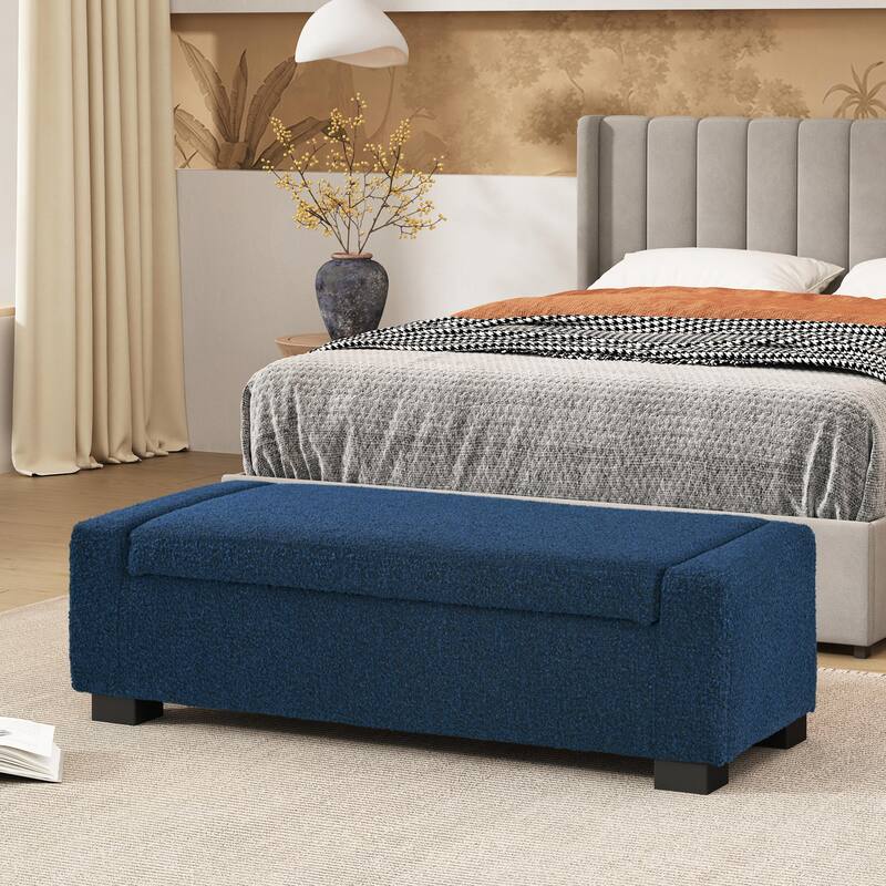 Rectangular Storage Ottoman - 50" Textured Fabric & Wood Base - Blue