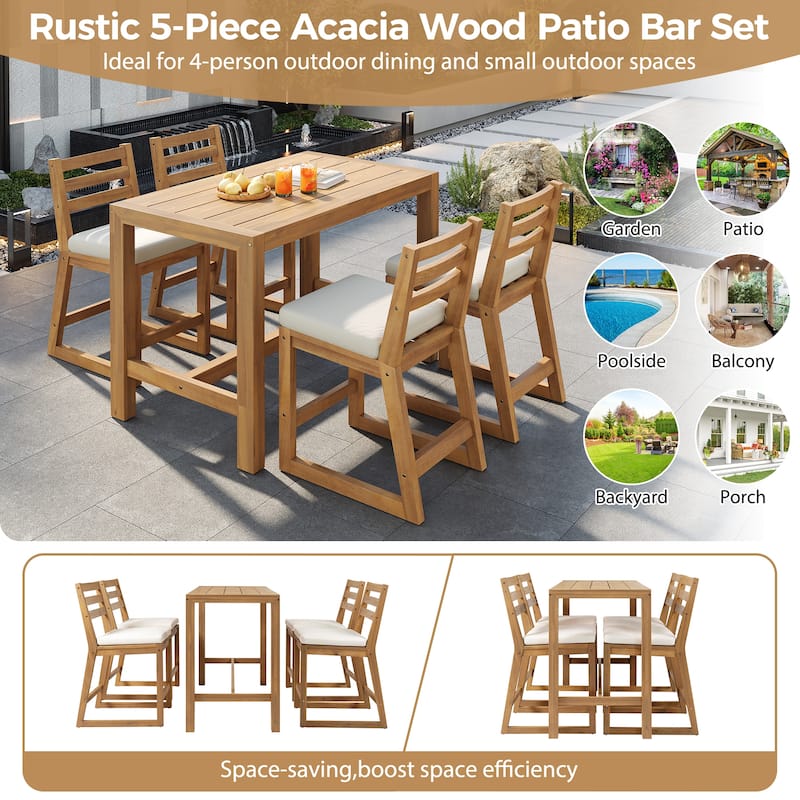 Rustic Patio Bar Set, 5-Piece Outdoor Furniture with Ergonomic Chairs and Solid Wood Tabletop