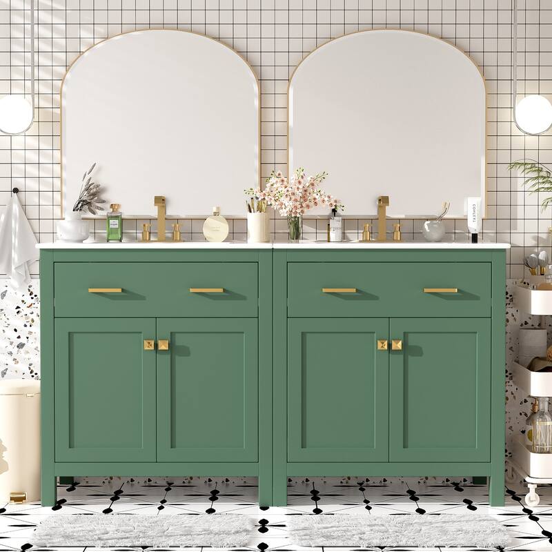 Set of 2 Vanity for Bathroom with Double Ceramic Sinks, 60" Modern Storage Cabinet with Flip-down Drawers and Door Organizers - Green
