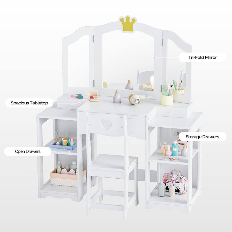Kids Vanity Table And Chair Set, 2 In 1 Girls Vanity Storage Cabinet W/Tri-Folding Mirror - N/A