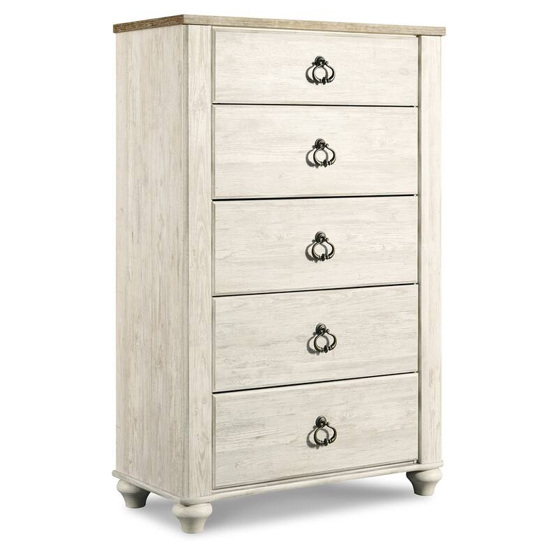Isla Tall Dresser Chest, 5 Drawer, Brown Wood Finish, Rustic Whitewash