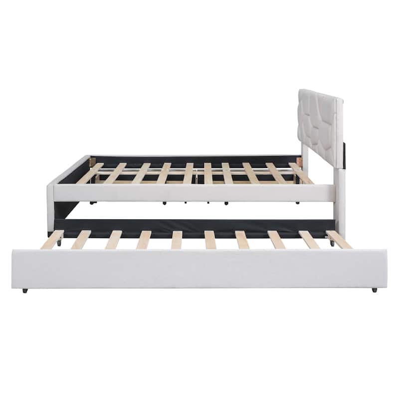 Beige Linen Fabric Full Upholstered Platform Bed with Brick Pattern Headboard, Trundle, and Storage Drawers