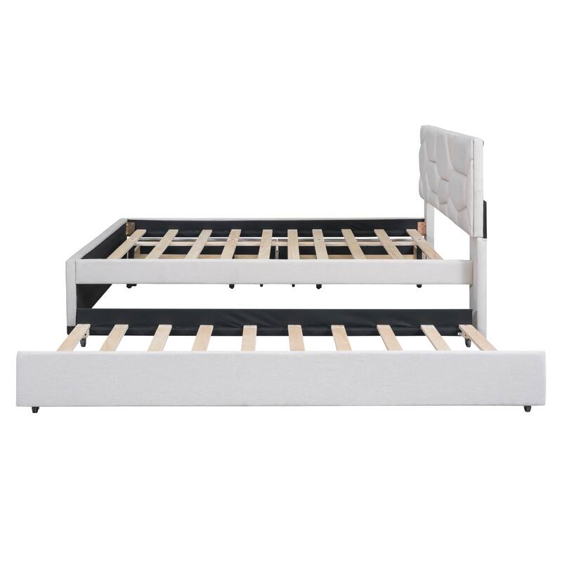 Full/Queen Size Upholstered Platform Bed with Stylish Brick Pattern Headboard, Trundle & 2 Drawers, Linen Fabric Comfort