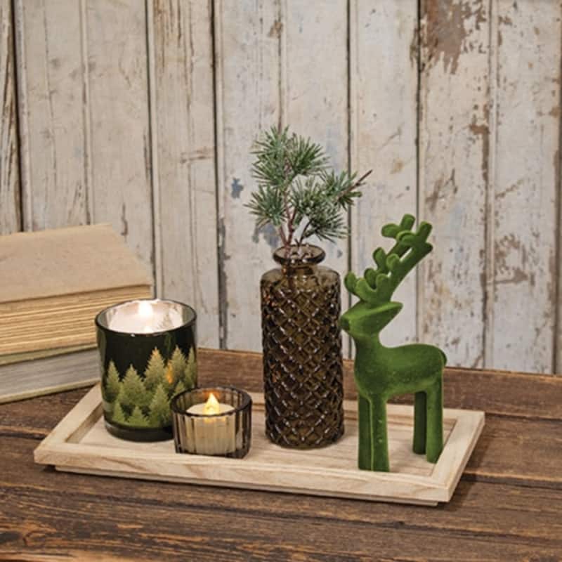 Green Grey Wooden Tray Set of 5 with Reindeer Vase Candle Holders Woodland Decor - Tray: 0.75" H x 11" W x 5" D