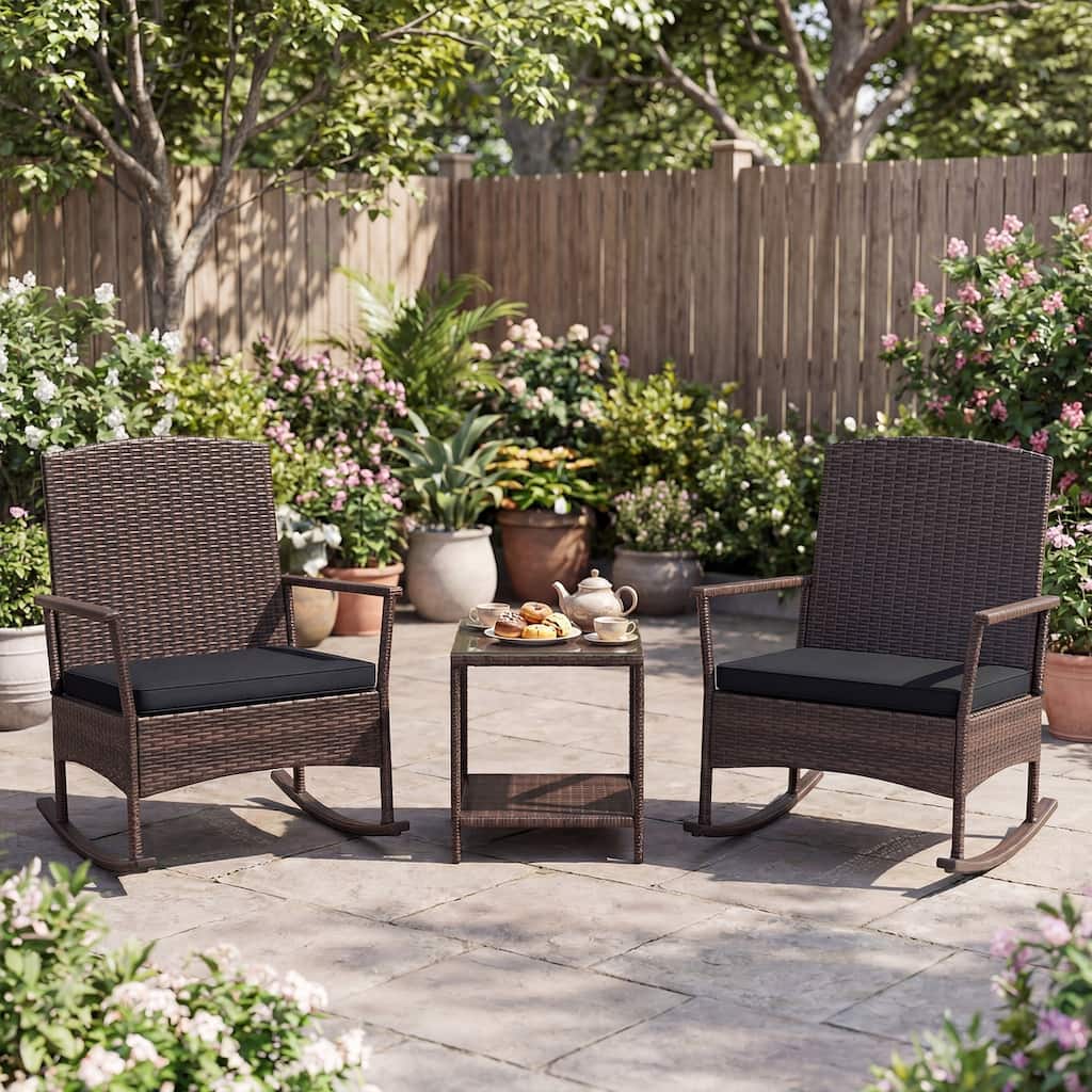 Gymax 3 Piece Patio Rocking Bistro Set 2 Rattan Armchairs w/ 2-Tier