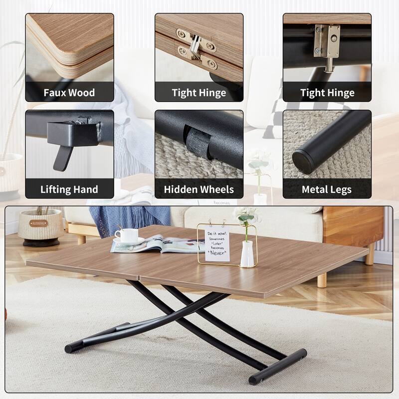 5-Piece Folding Dining Table Set, Modern Lift Top Wood Table with Metal Frame & 4 Linen Chairs for Kitchen, Living Room