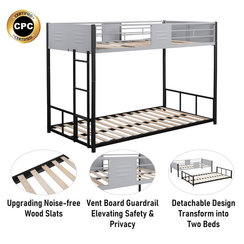 Durable Twin Over Twin Metal Bunk Bed with Guardrail and Vent Board