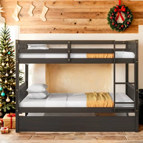 slide 2 of 9, Solid Wood Twin Over Twin Bunk Beds with Trundle,Safety Rail and Ladder,Kids Bed Design Espresso
