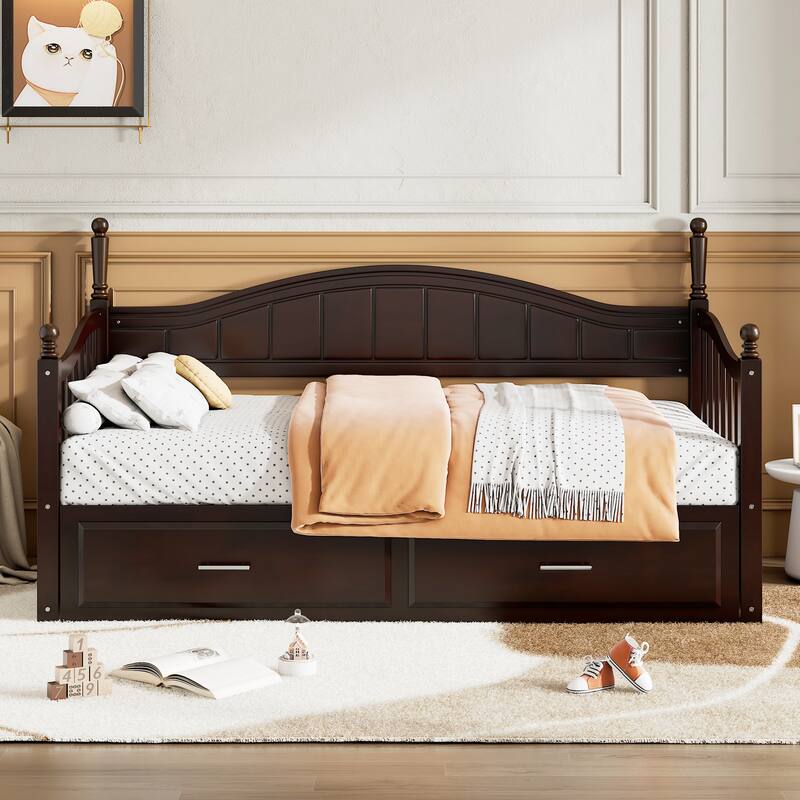 Twin Daybed Extendable Wood Sofa Bed Frame w/ Pull-out Trundle & 2 Storage Drawers, Wood Slat Support, Guardrails on Both Sides