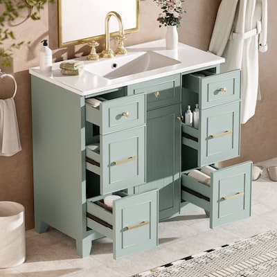36" Green Bathroom Vanity with Ceramic Sink, Soft-Close Doors, 2 Double-Layer & 2 Standard Drawers, Adjustable Shelf