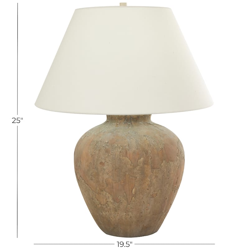 Ceramic Wide Rounded Distressed Antique Table Lamp with Cream Linen Shade - Black or Brown - Roche River Decor