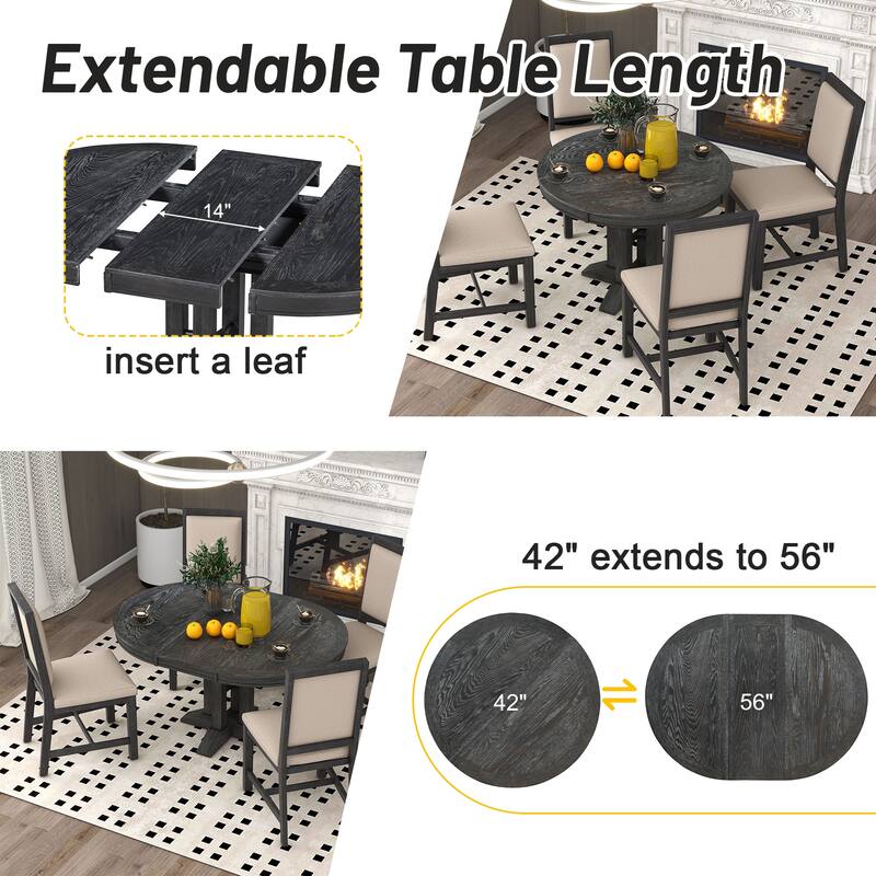 Farmhouse 5-Piece Wooden Dining Table Set with Extendable Round Table & 4 Chairs
