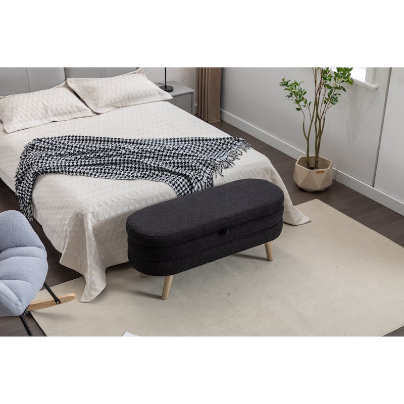Boucle Fabric 44.8" Storage Bed Bench with Wood Legs, Safety Hinge, Supports up to 300lbs