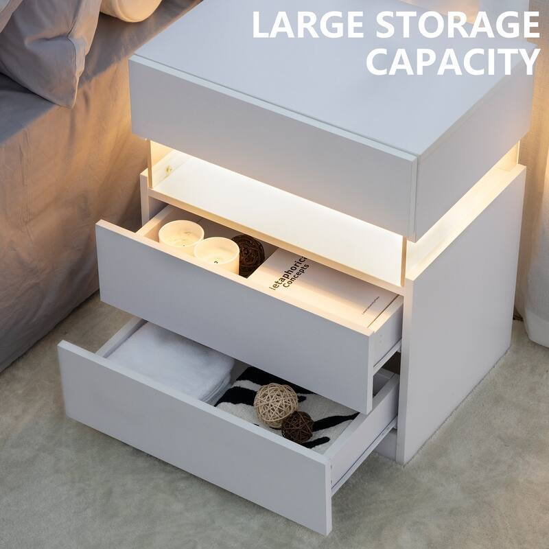Nightstands with Acrylic Board LED, Bedside Furniture Storage Cabinet, 3 Drawer Side Table for Bedroom End Table - White