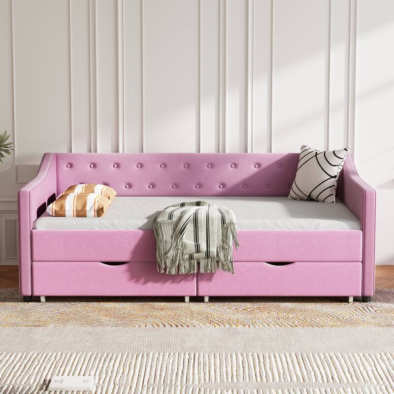Twin Size Daybed with Drawers Upholstered Tufted Sofa Bed, with Button on Back and Piping on Waved Shape Arms