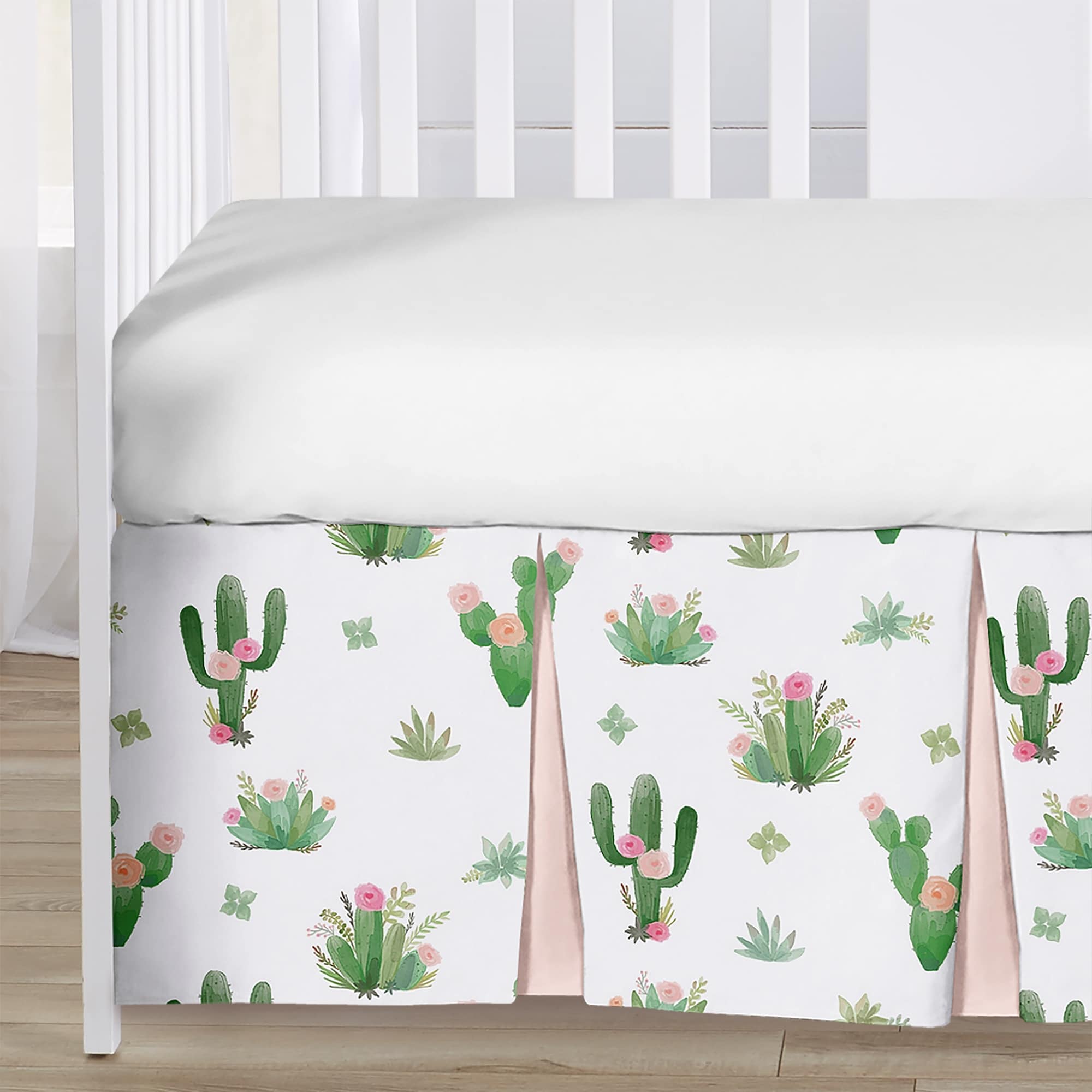 Sweet Jojo Designs Pink and Green Boho Watercolor Cactus Floral Collection Girl 4 Piece Bumperless Crib Bedding Set Multi