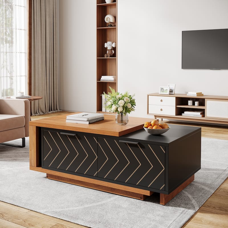 Extendable Coffee Table with 2-drawer and Wood Sliding Tabletop for Living Room