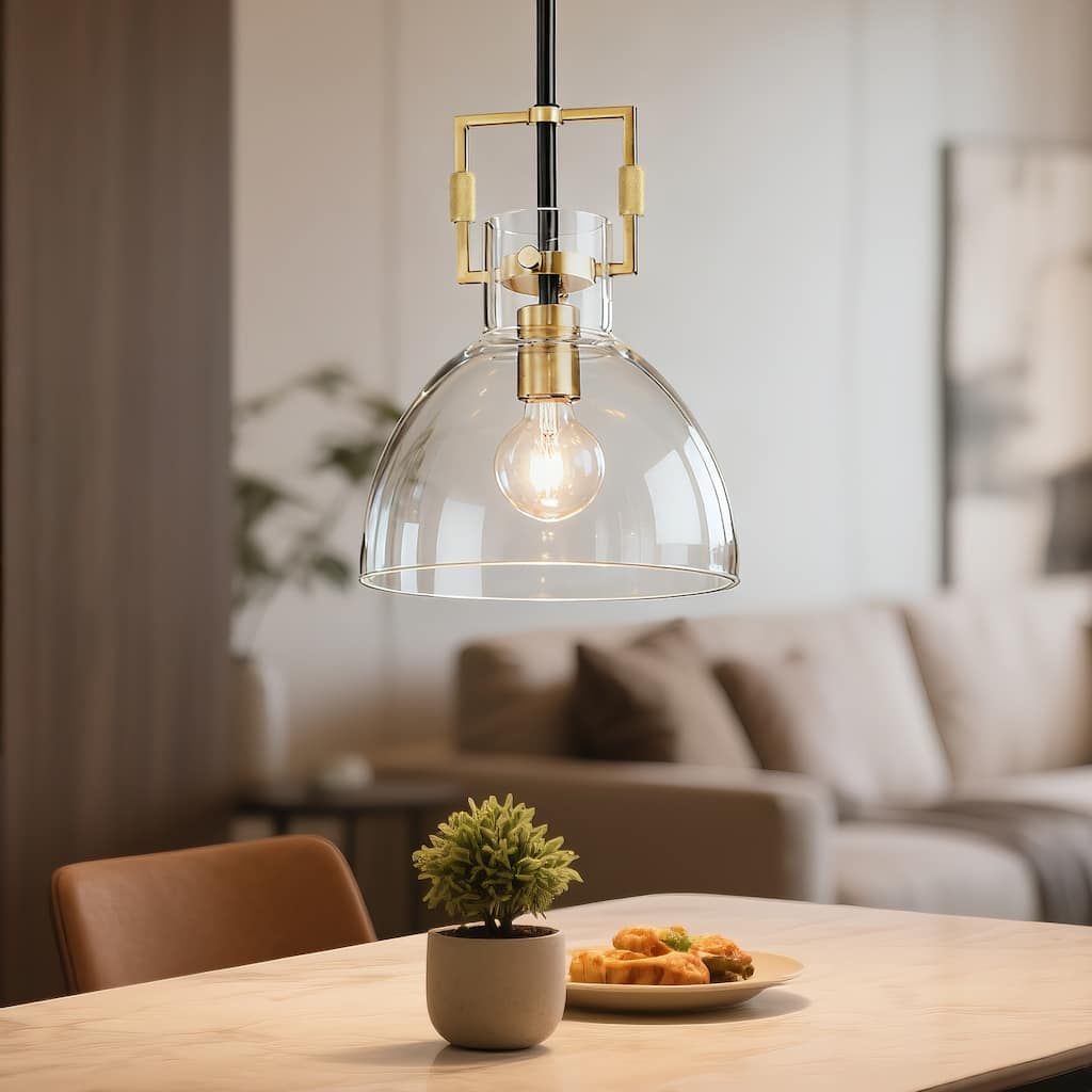 Black and Antique Gold 1-Light 10 Inch Bowl Glass Pendant