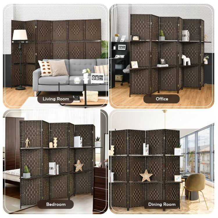 6 Panel Folding Weave Fiber Multipurpose Room Divider with 2 Display Shelves - 95" x 71" (L x H)