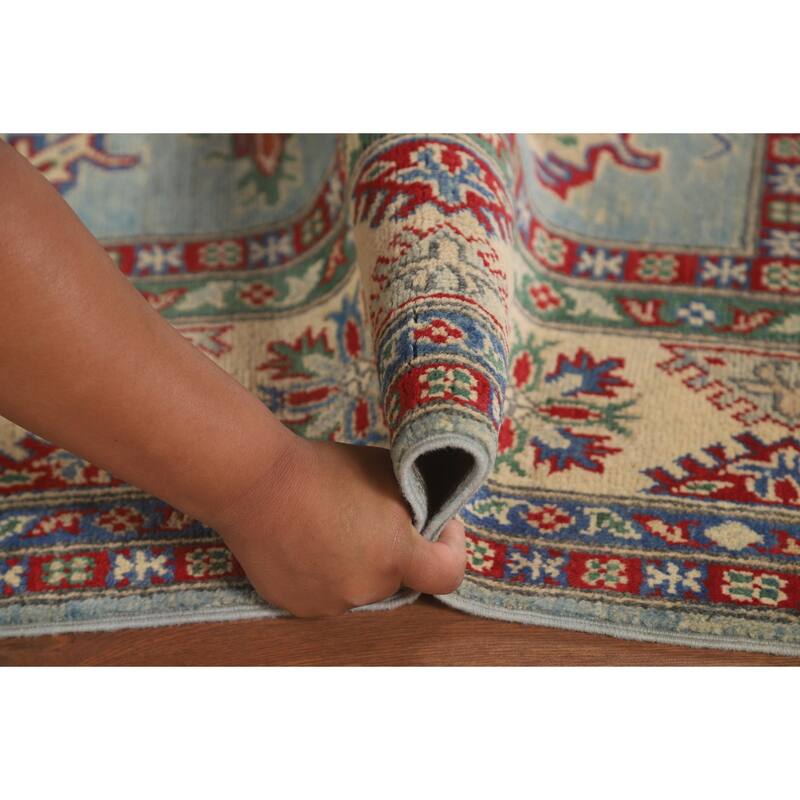 Light Blue Geometric Kazak Area Rug Handmade Wool Carpet - 4'11" x 6'10"