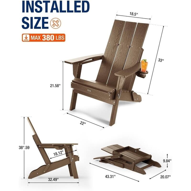 WINSOON Modern HDPE Outdoor Folding Adirondack Chair With Cup Holder Set Of 4
