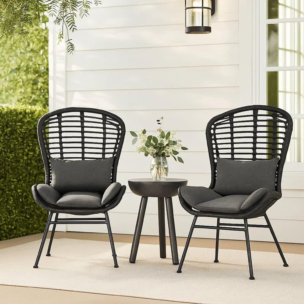 Outdoor Round Accent Chair Set of 2, Gray Faux Rattan, Black Iron
