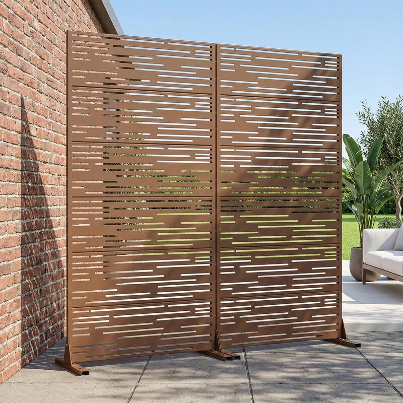 Outdoor Privacy Screen with Stand for Patio Garden Metal Fence Set of 2 - Brown - 72"x35"