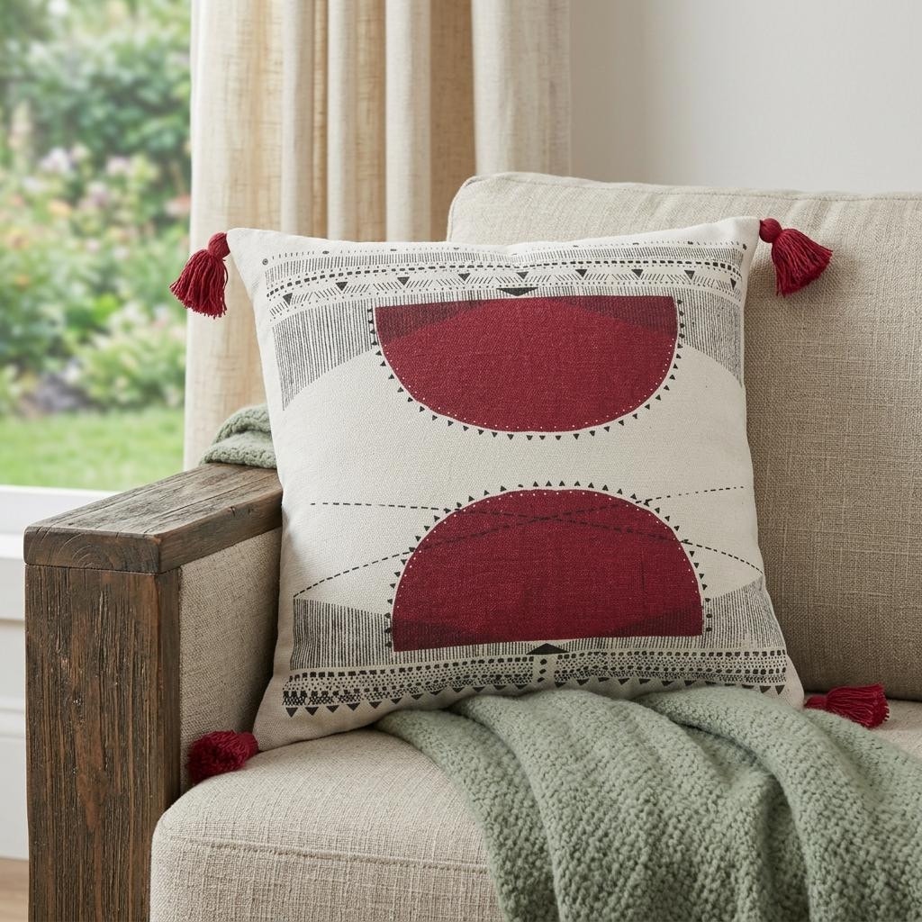 HomeRoots 20" Black White And Burgundy Cotton Geometric Throw Pillow with Tassels