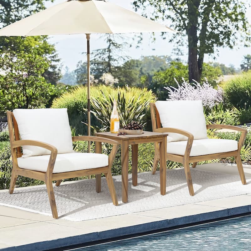 Outdoor Acacia Wood 2 Seater Chat Set with Cushions, Outdoor Bistro Set Furniture - White